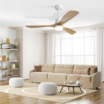 Produktbild von Sofucor 132 cm moderner gelber Deckenventilator mit Licht, Fernbedienung für Schlafzimmer, Weiß-Naturholz