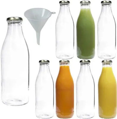 Productafbeelding van 8 flessen met brede hals, glazen flessen, 1,0 l, sapflessen, melkflessen om te vullen, incl. trechter