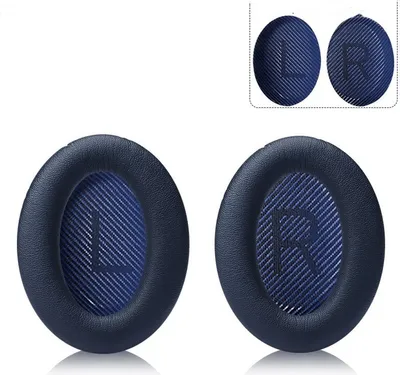 Two ear pads for headphones, one marked 'L' and the other 'R', are shown on a white background. A smaller inset image shows two similar ear pads.