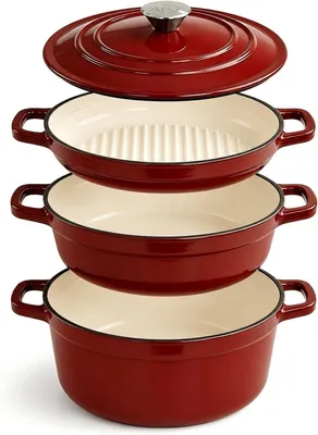 Produktbild von 3-in-1 Gusseisenpfanne mit Deckel 25cm Rot