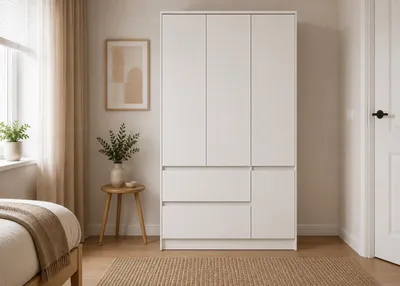 Produktbild von Kleiderschrank 4-türig Schrank Garderobe Schlafzimmer Drehtürenschrank mit Schubladen, Einlegeböden und Kleiderstange - LOSKO 4T2S - Weiß, KI-generiertes Bild