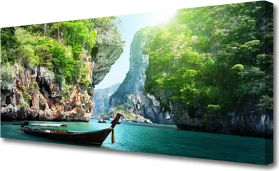 Produktbild von Tulup Leinwand-Bilder 125x50 Wandbild Canvas Kunstdruck Gebirge Wasser Boot Natur