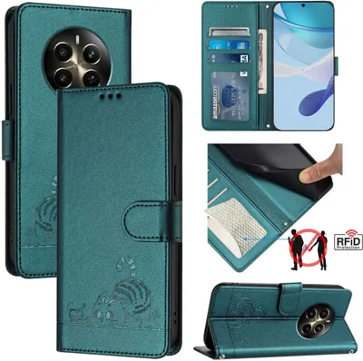 Produktbild von Leder Hülle für Realme 12+ Süße Katze Flip Case Brieftasche Schutzhülle mit Standfunktion Grün