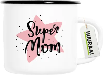 Produktbild von Huuraa Emaille Tasse Super Mom Beste Mama 300ml Vintage Campingbecher Geschenkidee