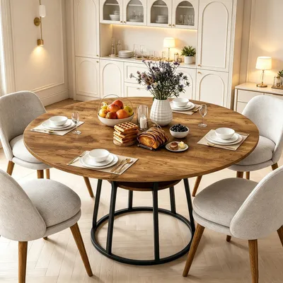Produktbild von INONEFT Esstisch Rund, 120 cm Esstisch, für 4-6 Personen, Esszimmertisch mit Holzplatte und Metalltischbeine,Tigerstreifenfarbe + Schwarz