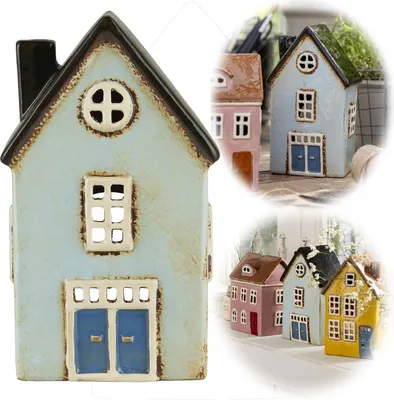 Produktbild von LS-LebenStil Teelichthaus Lichterhaus Nyhavn 19cm Blau Keramik Fachwerkhaus Teelichthalter  Windlicht Kerzenständer Wohnzimmer, Fensterbank