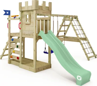 Image de WICKEY Tour de jeux GateFlyer avec annexe à grimper, double balançoire et toboggan - vert pastel