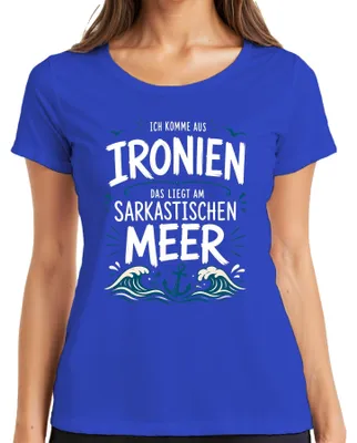 Immagine prodotto di T-shirt da donna, blu, taglia 3XL, con scritta "Vengo da un mare di ironia e sarcasmo. Ancora?"