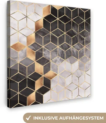 Obrázek produktu pro OneMillionCanvasses® - Obraz na plátně - Abstraktní - Kostka - Zlatá - Vzor - Černá - Bílá, nástěnná malba, nástěnné dekorace obrazy obývací pokoj, 90x90cm