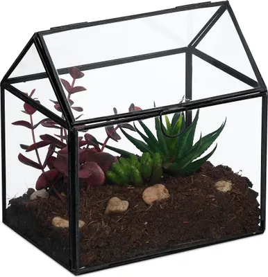 Image de Terrarium végétal Relaxdays, verre et étain, serre décorative pour cactus et mousse, boîte en verre pour rebord de fenêtre, noir