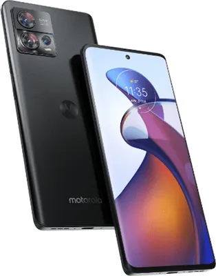 A black Motorola smartphone is shown from two angles, with the screen displaying the time and a colorful abstract image.