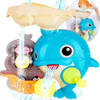 Produktbild von Malplay Badewannespielzeug Delfin Blau Tiermotiv Badespielzeug mit Wasserstation Wasserfall Wasserdusche Spielzeug für Kinder ab 18 Monaten