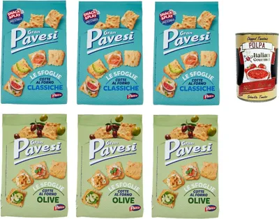 Produktbild von Gran Pavesi Sfoglie Testpaket Cracker im Ofen gebacken knusprig Salzgebäck snack 6x 180 gr + Italian Gourmet polpa 400g