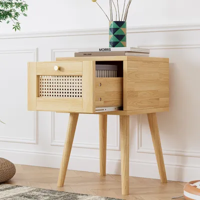 Zdjęcie produktu dla Stolik nocny Merax z rattanową szufladą i złotym uchwytem, stolik boczny 38x38x58,5 cm wykonany z płyty wiórowej i rattanu PE, z miejscem do przechowywania