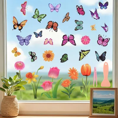 Immagine prodotto di Adesivi per finestre, 9 fogli, motivo: uccelli e fiori, decorazioni primaverili, autoadesivi, PVC, 22x30 cm