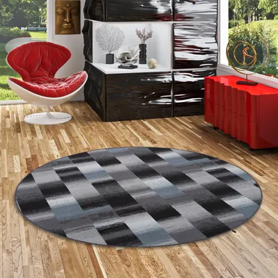 Produktbild von Designer Velour Teppich Mystic Karo Blau Grau Rund, Größe:200 cm Rund