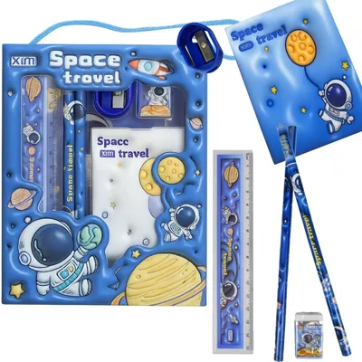 Produktbild von Schulset Schreibset Schulbedarf Kinder Set mit Notizblock Lineal Bleistiften Radiergummi Anspitzer Blau Weltraum 6 teilig