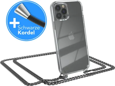 Produktbild von EAZY CASE Metall Handykette für Apple iPhone 12 / 12 Pro, Handyhülle mit Umhängeband, Silikonhülle, Metallkette für Smartphone in Grau