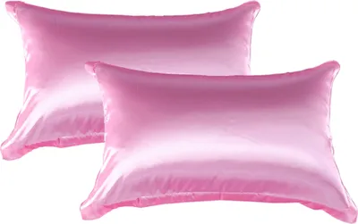 Two pink satin pillowcases are shown against a white background.