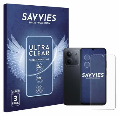 A product shot of a phone screen protector packaging, a smartphone, and a screen protector.