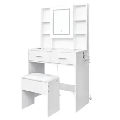 A white vanity table with a lighted mirror and matching stool, set against a white background.