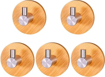 Produktbild von Handtuchhalter Holz, 5 Stück Selbstklebende Haken 304 Edelstahl und Bambus Wandhaken Selbstklebend, Holz Bambus Wandhaken, Klebehaken für Wohnzimmer, Küche, Badezimmer, Schlafzimmer