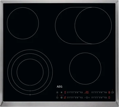 A top-down view of a black glass ceramic hob with four cooking zones and a digital control panel.