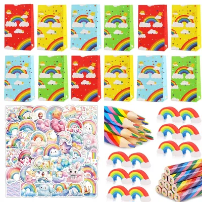 Productafbeelding van 86-delige regenboogset: 12 regenboogpotloden, 12 regenboogpapierzakjes, 12 regenbooggummetjes, 50 regenboogstickers
