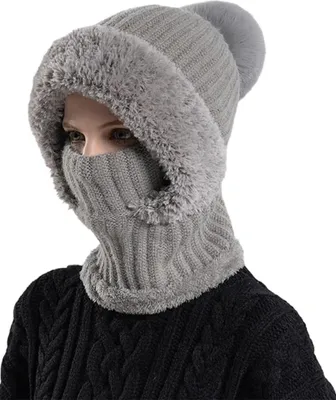 Obrázek produktu pro ASKSA balaclava čepice 3 v 1 se šálou a maskou, pletená čepice pro dámy na podzim a v zimě, balaclava dámská, šála dámská, šedá