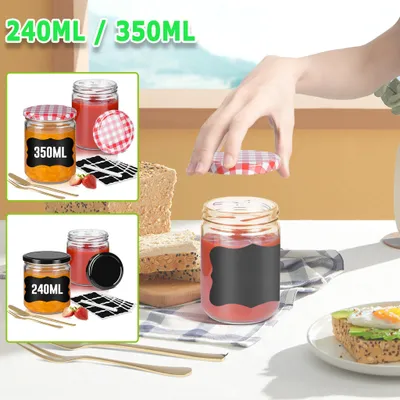 Produktbild von UISEBRT 24er Set Marmeladengläser mit Rot-Weiß Kariertem Deckel – 240ml Borosilikatglas, Luftdicht Verschließbar, mit Etiketten & Stift, Für Gewürze, Tees und mehr