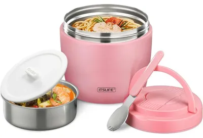 Produktbild von Thermobehälter für Essen 970ml Edelstahl mit Löffel, auslaufsicher, rosa