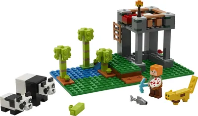 A LEGO Minecraft set featuring pandas, a character named Alex, a yellow cat-like creature, a small structure, and trees.