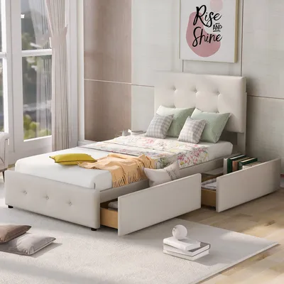 A bedroom scene with a bed, pillows, and a painting on the wall.
