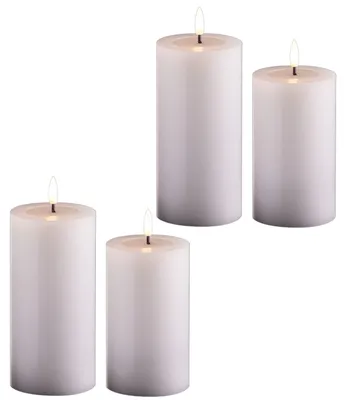 Produktbild von 4er Set Led Kerzen flackernde Flamme mit Echtwachspiegel weiß 7,5cm ø 2x 15 cm, 2x12,5 cm Höhe, LED Kerzen mit Timerfunktion, 2 AA Batterien nötig, LED Echtwachs Stumpenkerzen warmweiß