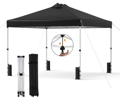 Produktbild von KOMFOTTEU Pavillon 3 x 3m, Gartenpavillon mit EIN-Knopf-System, silberbeschichtetem Dach, strapazierfähigem Rahmen, Sandsäcken, Heringen und Seilen, tragbares Partyzelt für Picknicks, Partys (Schwarz)