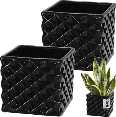 Produktbild von KOTARBAU® 2er Set Blumentopf Keramik glasiert Quadratisch Schwarz 14 x 14 cm H 13 cm Übertöpfe für Zimmerpflanzen Orchideen & Sukkulenten Topf Pflanzen Töpfe Blumen Übertopf Blumentopf viereckig Piano Kollektion