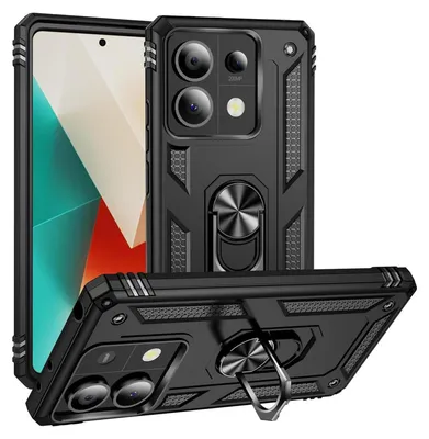 A black protective phone case with a ring stand is displayed from multiple angles against a white background.