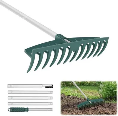 Immagine prodotto di Rastrello da giardino per prato e foglie - 12 denti in acciaio, manico regolabile da 62 pollici