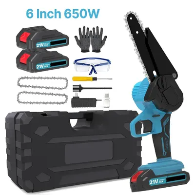 Produktbild von Mini-Kettensäge - Akku-Handkettensäge - 650 W - 15 cm Schwert - Handgeführt - 2 Akkus - Holzschneiden