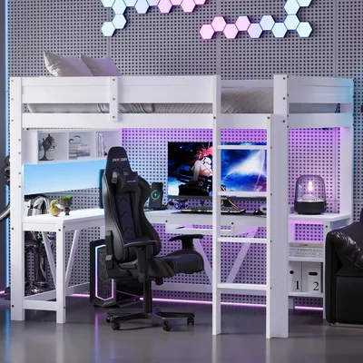 Productafbeelding van Gaming-halfhoogslaper 90x200 cm met bureau, LED-verlichting, stopcontacten, USB en opbergvakken, hout, wit