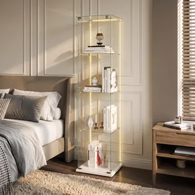 Zdjęcie produktu dla INONEFT Szklane witryny stojące z oświetleniem LED i zamkiem – witryna szklano-drewniana, 4-poziomowa szafka do eksponatów, 163 x 39,8 x 35 cm, biały