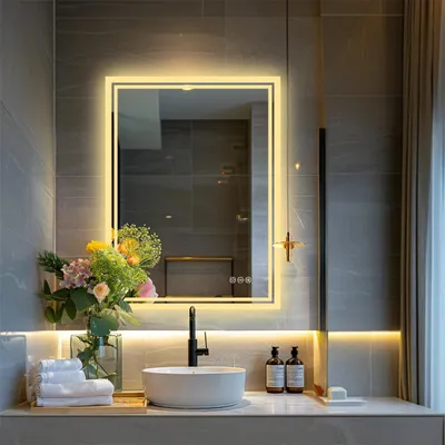Image de Miroir de salle de bain LED - Miroir mural rectangulaire sans cadre - Éclairage arrière réglable en intensité - Capteur tactile - Anti-buée - Indice de protection IP44 - 70 x 90 cm
