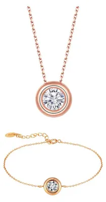 Produktbild von Suzan Gold® Rosévergoldetes Schmuckset Silber 925 Damen | Halskette mit rundem Zirkonia-Anhänger & passendes Armband | Feminines Schmuckdesign Aureline – wasserfest, & hautfreundlich