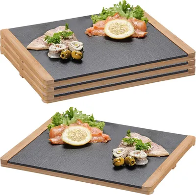 Produktbild von 4 Buffetplatten, Schiefer mit Bambusrahmen - 34 x 26cm