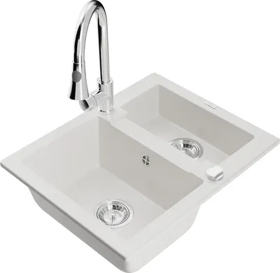 Immagine prodotto di Mexen Carlos lavello in granito 1,5 vasche con miscelatore da cucina Elia, bianco - 6518-20-670101-00