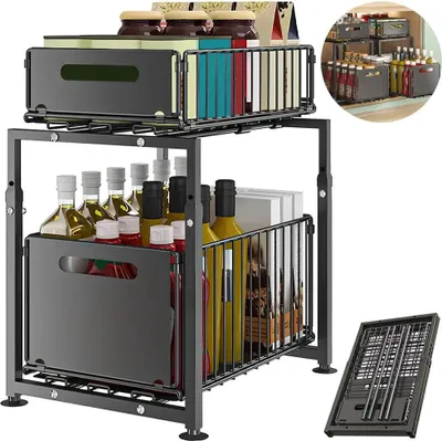 Obrázok produktu pre Úložný priestor do kuchyne – 2-poschodový výsuvný organizér do skrine – výškovo nastaviteľný 41–49 cm – 29×37,5 cm – s výsuvnými košíkmi – železo – pod drez