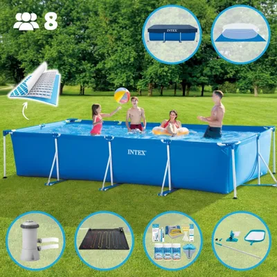 Produktbild von Intex-Schwimmbecken mit rechteckigem Rahmen – 450 x 220 x 84 cm – Blau – im Lieferumfang enthalten Abdeckung - Bodenplane - Filterpumpe für Schwimmbad - Solarmatte - Wartungspaket - Reinigungskit