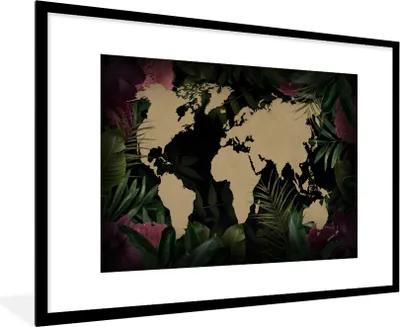 Produktbild von MuchoWow® MuchoWow® Gerahmtes Poster Weltkarte - Blätter - Dschungel 90x60 cm - Poster mit zchwarzem Bilderrahmen - Wanddekoration - Fotos