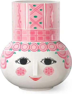 Imagen del producto de BJÖRN WIINBLAD, jarra de cerámica, color rosa esmaltado, diámetro aproximado de 15 cm, altura de 15 cm. Jarra decorativa para flores con diseño de rostro, accesorio de decoración escandinavo