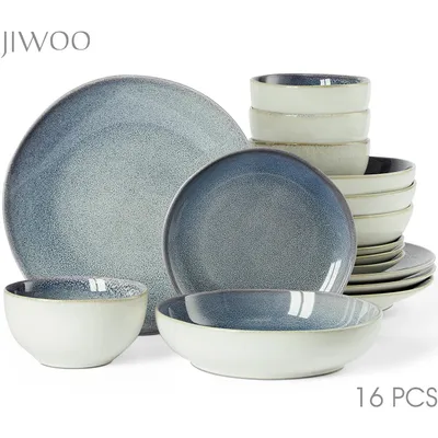 Produktbild von Geschirrset 16tlg, Kombiservice Porzellan, Tafelservice mit Essteller, Suppenteller, Müslischüssel 4 personen, Reaktive-Glasur, Mikrowellenherd